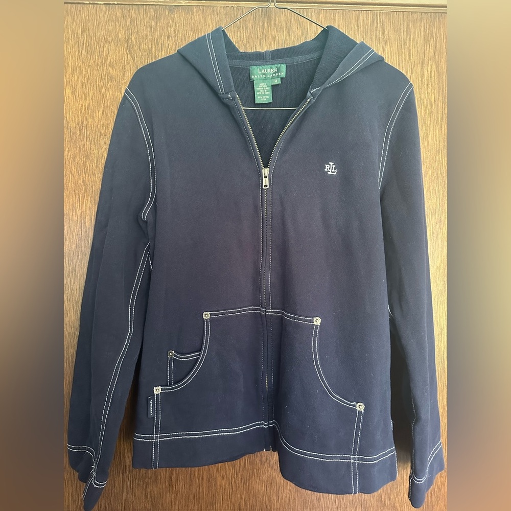 Ralph Lauren RL Navy Zip-Up Hoodie with white stitch detail M